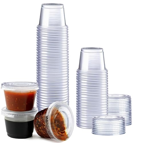 GUSTO 1 oz Jello Shot Cups with Lids [50 Count] Clear Plastic Portion Containers, Condiment Cups for Sauces, Dressings & Samples – Durable, Stackable, Leak-Resistant (Formerly Comfy Package)
