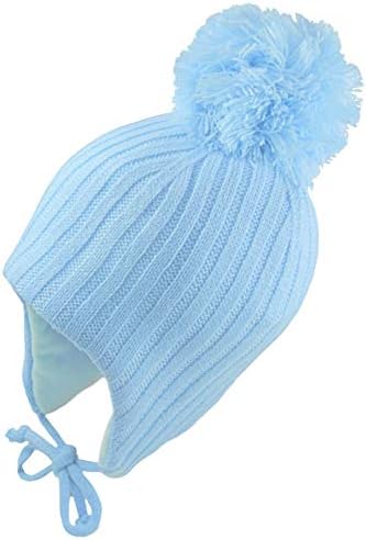 Pesci Baby Girls or Boys Pom Pom Hat with Ear Flaps and Chin Ties Beanie Bobble Hats Winter Wooly Knitted Warm Thermal Cap (Blue, 12-18 Months)
