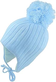 Pesci Baby Girls or Boys Pom Pom Hat with Ear Flaps and Chin Ties Beanie Bobble Hats Winter Wooly Knitted Warm Thermal Cap (Blue, 12-18 Months)