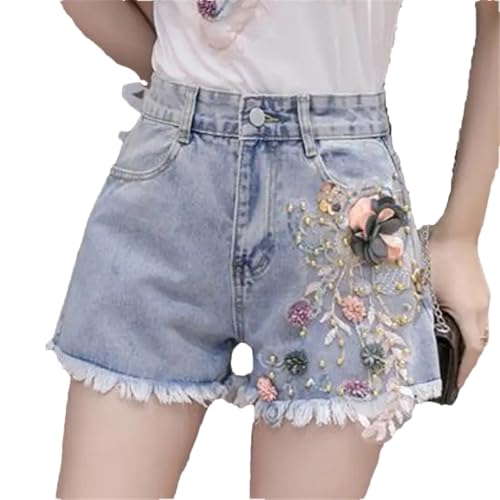 Short en jean droit effiloché anti-compression taille haute floral confortable été