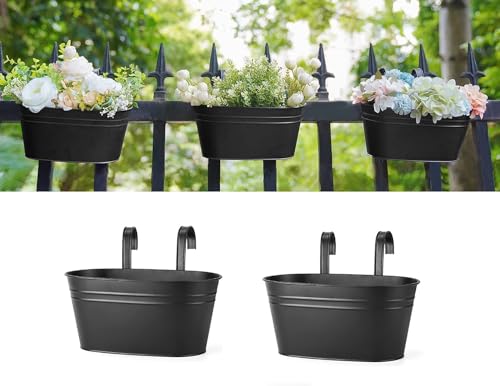 Image of 12 INCH Anti Rust Railing Oval Planter for Balcony & Garden with Detachable Handle | Hanging Flowerpot Holder | Metal Wall Planter for Indoor and Outdoor Decor (Black, 2)