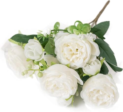 Image of CURATED CART 1 Bunch Artificial Peony Rose Flower Bouquet (White) | 5 Flower Heads, for Home Decor, Office, Bedroom, Balcony, Table Display, Wedding Decoration (Without Vase Pot)