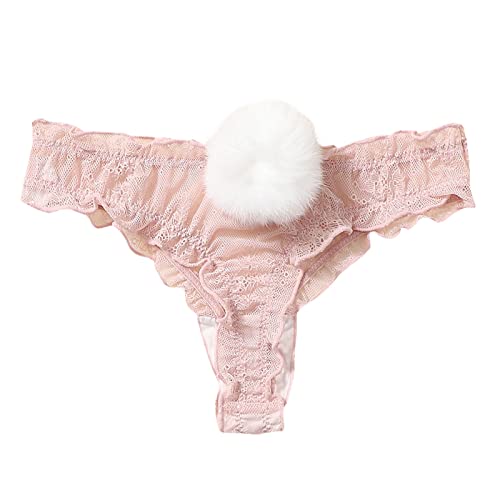 Generisch Tangas de algodón de malla de encaje para mujer, cintura de cola de conejo, calzoncillos femeninos bragas lencería, Rosa., M