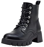 Vepose Women's Black Combat Ankle Boots, Platform Chunky Low Heel PU Leather Lace up Botas, Comfortable Casual Military Booties with Side Zipper, 9626, Size 7.5 US(CJY9626 Black 07.5)