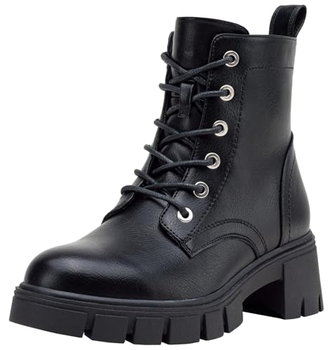 Vepose Women's Black Combat Ankle Boots, Platform Chunky Low Heel PU Leather Lace up Botas, Comfortable Casual Military Booties with Side Zipper, 9626, Size 7.5 US(CJY9626 Black 07.5)