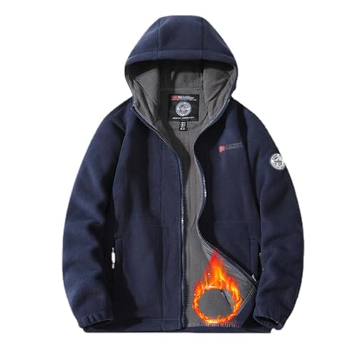LTHTX Chaqueta de forro polar con capucha de doble capa para hombre, chaqueta de forro polar para hombre, chaqueta de invierno cálida con bolsillos, azul marino, L