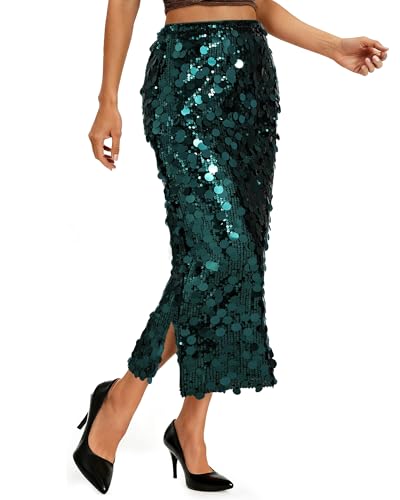 JasGood Paillettenrock für Damen Glitzer Maxirock Sexy Elastische Taille Hüftrock Fashion Skirt für Nacht aus Party Rave Karneval