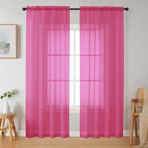 WelvetBLK Hot Pink Sheer Curtains 84 Inches Long 2 Panels Set for Bedroom Living Room Soft Airy Light Filtering Modern Solid Rod Pocket Drapes Window Treatments Hot Pink Each 42 W x 84 L