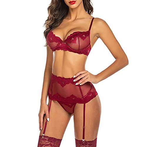 liaddkv Conjunto de lencería sexy para mujer, sujetador fino, liguero, liguero, lencería, rojo, M