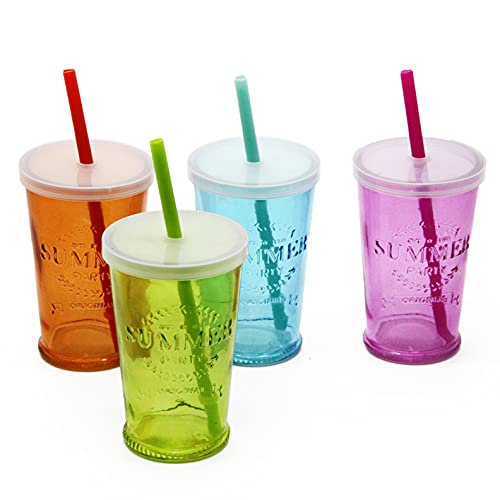 CREOFANT Juego de 4 vasos con pajitas y tapa, vasos de cóctel hawaianos para fiestas en el jardín (250 ml)
