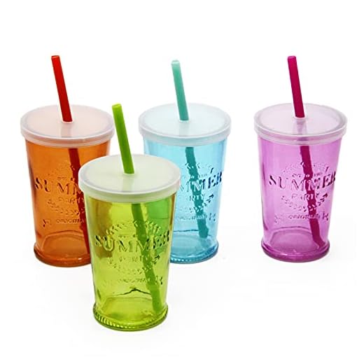 CREOFANT Juego de 4 vasos con pajitas y tapa, vasos de cóctel hawaianos para fiestas en el jardín (250 ml)