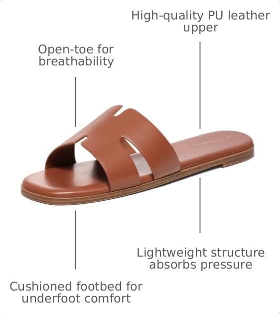  Women's Dressy Flat Sandals Comfortable Slip On Summer Leather Slides | Soft Premium PU Upper, Cushioned Footbed, Lightweight Square Toe Sandals thumbnail