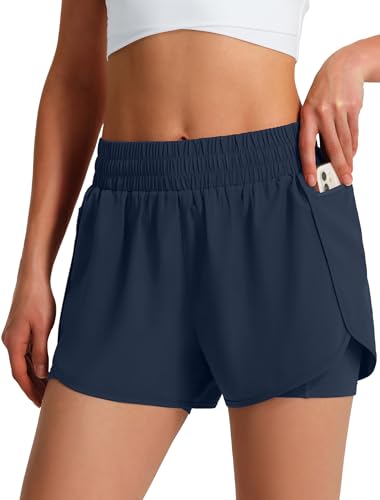 Ksmien Women's Athletic Running Shorts with Liner Phone Pockets Navy Blue