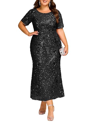 Ever-Pretty Plus Women's Round Neck Short Sleeves Bodycon Stretchy Gorgeous Sequin Maxi Evening Gown Plus Size Formal Dresses