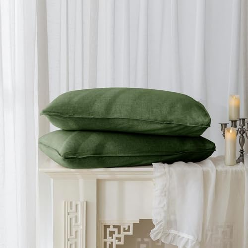 EVERLY 100% Linen Pillowcases Set of 2, Envelope Overlap Closure French Natural Washed Flax Pillowcases 26x26inches-Mossy Green