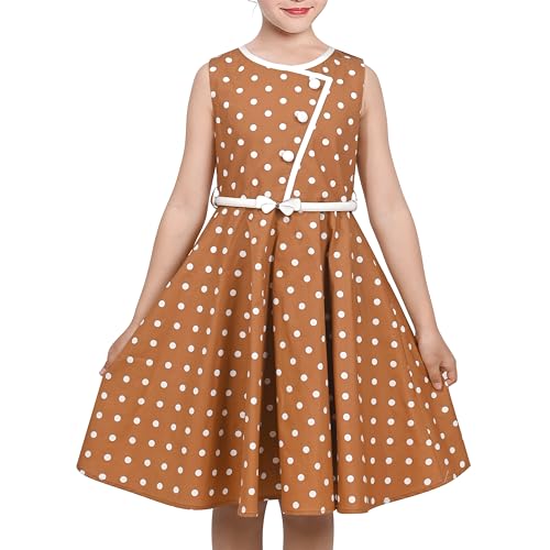 Sunny Fashion Girls Dress Brown Polka Dot Butterfly Belt Asymmetrical Playful