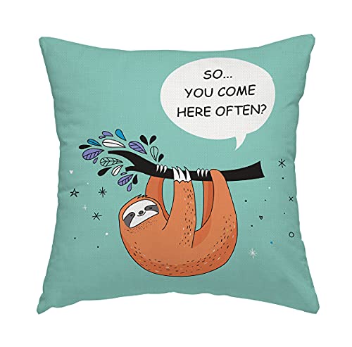 Swono Cartoon Sloth On The Tree Throw Pillow Cover Lake Green Cute Funny Animal Star Decorative Pillow Case Home Decor Square 16X16 Inches Pillowcase #TOP17
