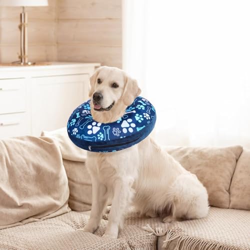 Image of SCENEREAL Dog Cone Alternative After Surgery Donut Collar, Soft Pet Recovery Pillow Collar for Medium Large Dogs, Inflatable Adjustable Neck Collars to Prevent Licking, Bone and Paw Print E-Collars