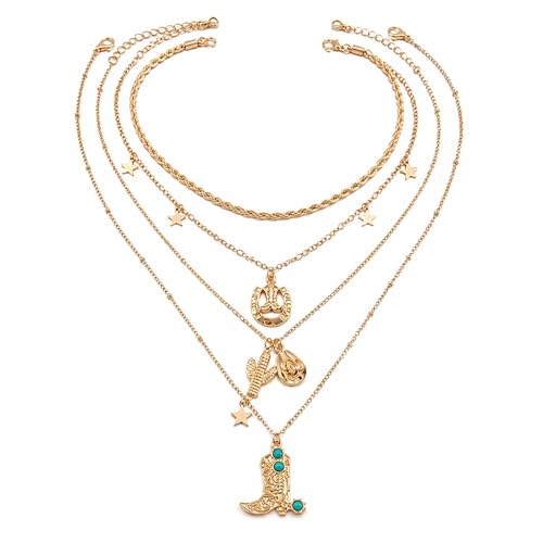 QCWN Western Jewelry for Women Boho Layered Turquoise Cowgirl Necklace Trendy Country Concert Accessories Gold Chunky Statement Pendant Retro Rodeos Outfits Jewelry Gifts for Cowgirls Women by QCWN - Used condition - US$5.14