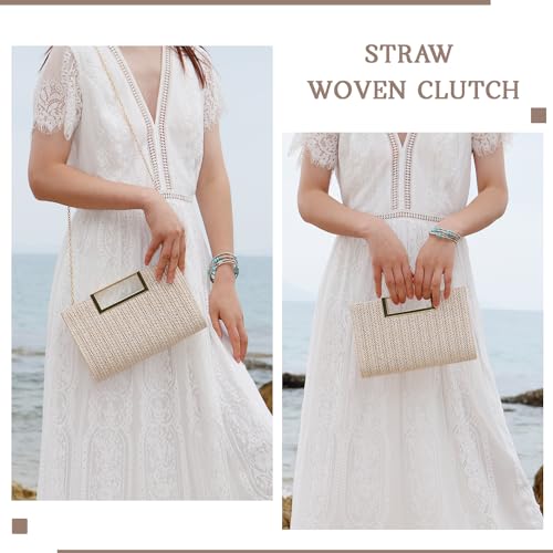 Miniatura 4 de Eveout Clutches De Paja Para Mujer Bolso De Fiesta Noche Boda Paja Con Cadena Bolsos Bandolera Tejido Para Vacaciones Playa