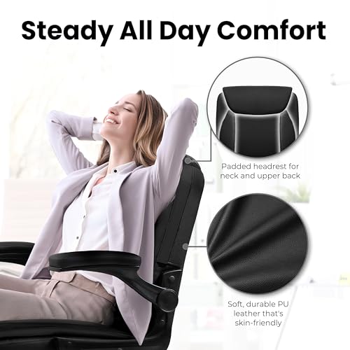 NEO CHAIR Office Desk Computer Chair Ergonomic Executive Mid-Back Leather Gaming Chair with Adjustable Flip-Up Armrests Wheels Swivel for Home Study Task (Jet Black) - Image 5