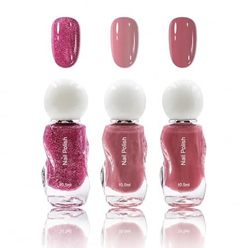 3 Farben Nagellack Set - Glitzer Schnell trocknend & Langanhaltend ungiftiger Nagellack Schnelltrocknend mit Rosa, Nude und Altrosa Tönen - Wasserbasiert Nail Polish Geschenke Kit, 3 x 10,5 ml
