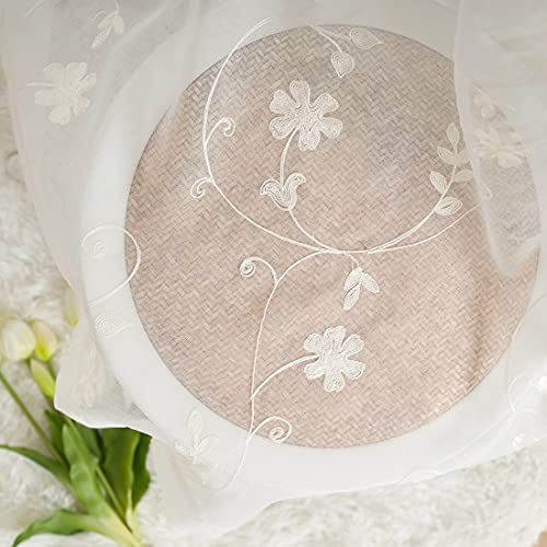 Sheer Curtains 96 Inches Long 2 Panels, Sheer White Floral Embroidered Curtains For Living Room, Rod Pocket Semi Sheer Window Curtain Panels Airy - Breathable For Kitchen, Bedroom, White, 52 X 96 Inch #TOP5