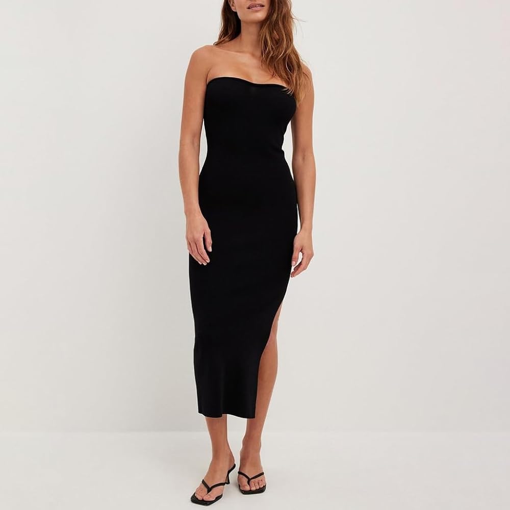Maxi Dress, Women Sexy Strapless Side Split Bodycon Bandeau Tube Midi Dress  Ribbed Knit Solid Color Package Hip Club Party Dresses at Amazon Women's  Clothing store