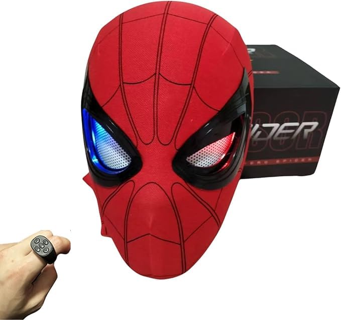 Jefuzh SpiderHero Mask Moving Eyes, Spiderman Mile Morales Hero Mask, Remote Control Full Face Adult/Kids Cosplay Gift (red)