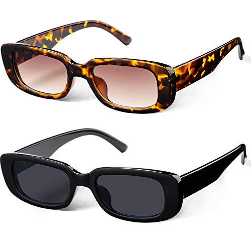 Braylenz 2 Pack Trendy Rectangle Sunglasses for Women Narrow Square Frame Shade 100% UV Blocking (Leopard Brown Gradient Lens + Black)