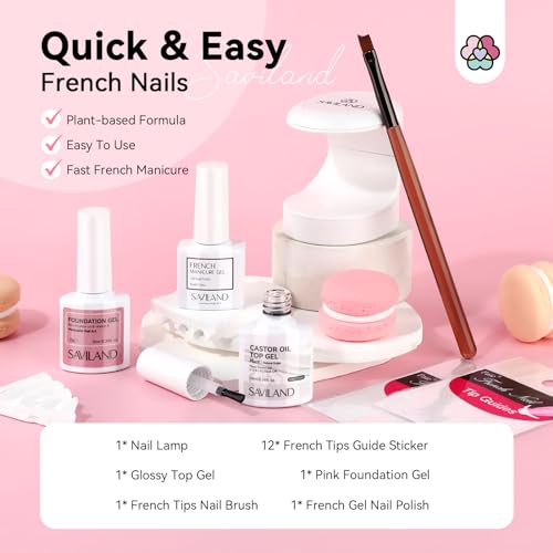 Image of Saviland French Manicure Kit : French Tip Tools for Beginners French Tip Nail Stickers French Nail Brush White Gel Nail Polish Quick-Dry Nail Lamp French Tips Guides for Nail Art