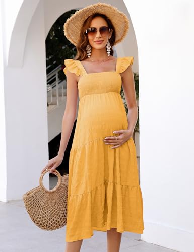 Image of KOJOOIN Womens Maternity Dress Summer Sleeveless Smocked Square Neck Ruffle Casual Boho Midi Dress Baby Shower Photoshoot