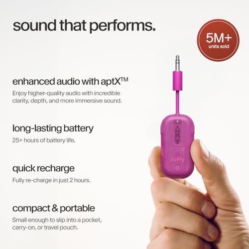 Image of AirFly Pro 2 - Bluetooth Adapter for Airplane, Pair 2 AirPods or Wireless Headphones - 3.5mm AUX Bluetooth Transmitter for Cars, Boats, Treadmills, TVs- Airplane Travel Essentials, Fuchsia Ice