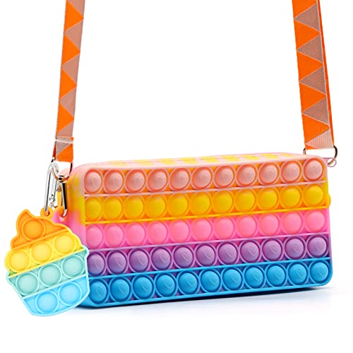 Pop Purse It for Girls, Pop Fidget It Purse with Keychain, Pop Purse Bag, Rainbow Pop Fidget It Bag, Pop On It Crossbody Bag, Pop Backpack It Stress Relief Crossbody for Kids Easter Birthday Gift