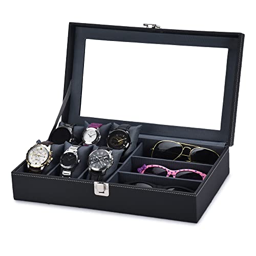 STORESHINE Men’s Women’s 6 Slots Watch Box Organizer and 3 Slot for sunglasses PU Leather Wrist Watches Acrylic Display Case Storage Box in Black and Grey Color