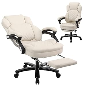 Big and Tall Home Office Desk Chairs for 400lb Heavy People, Ergonomic Reclining Office Chair with Footrest and Wide Seat, Plus Size Managerial Executive Chairs (Cream White) Large(400lbs)