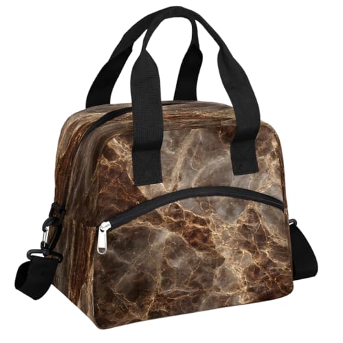 FengQuGou Brown Marble Insulated Lunch Bags for Women Girls Adult Ethnic Reusable Lunch Tote Therma Cooler Bag with Shoulder Strap Lunch Box for School Work Office Picnic Meal Prep Bag