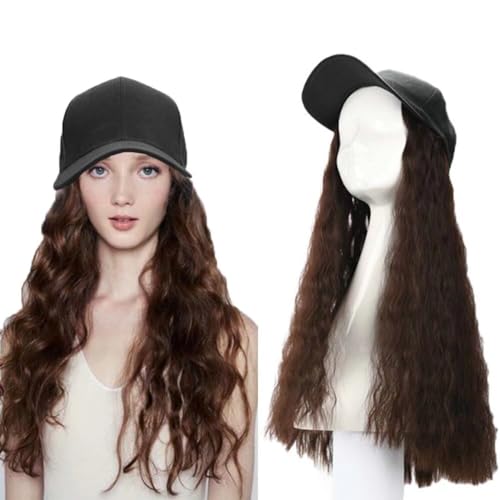 iLUU Baseball Cap With Hair Long Corn Wave Hairpiece Wig Attached Adjustable Cap Synthetic Hair Extensions Hat for Women (18”-Corn Wave-Dark Brown)