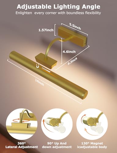 Picture Light Battery Operated, 13in Wireless Art Light for Paintings, Dimmable 5000mAh Recharging Battery Picture Light with Remote Control for Wall, Gallery Dartboard Art Bedroom (Gold-2Pack)