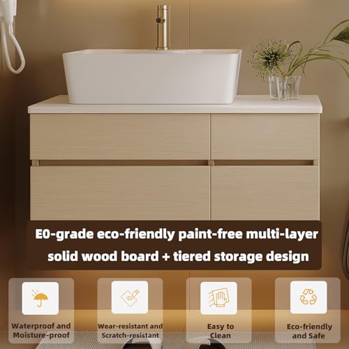 Elysionix 63 inch Floating Bathroom Vanity with Double Ceramic Sink, Bathroom Cabinet Vanity Suite with Two Countertop Sink, Off White
