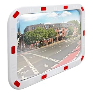 ECD Germany Specchio Stradale Convesso Rettangolare - 40 x 60 cm - in Plastica ABS - Bianco Rosso - Specchietto di Segnalazione Traffico con Riflettori Parabolico Cornice Riflettente Sicurezza Negozio