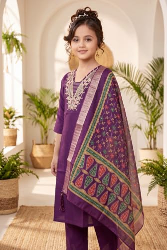 Image of Girls Cotton Blend Embroidered Kurta Pant with Printed Banarasi Style Dupatta Set | Festive Ethnic Wear for Kids | Traditional Suit Set for Girls (4-14Years)