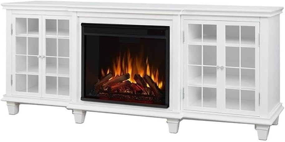 Bowery Hill Modern Solid Wood Fireplace TV Stand, 70 in Wide, White Finish, Adjustable Shelves, Built-in Cable Management, Electric Firebox with Remote, Farmhouse Style Living Room Storage Furniture