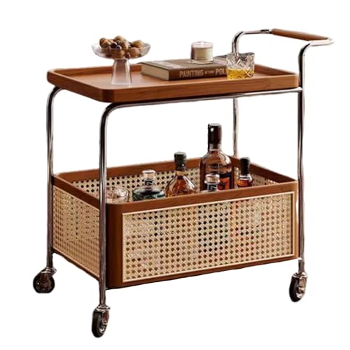 Premium Solid Wood Side Table with Movable Storage Trolley Rattan Baskets & Shelves - Stylish & Functional Furniture for Living Room Kitchen Balcony & Study - Ideal for Mid-Aged Homeowners