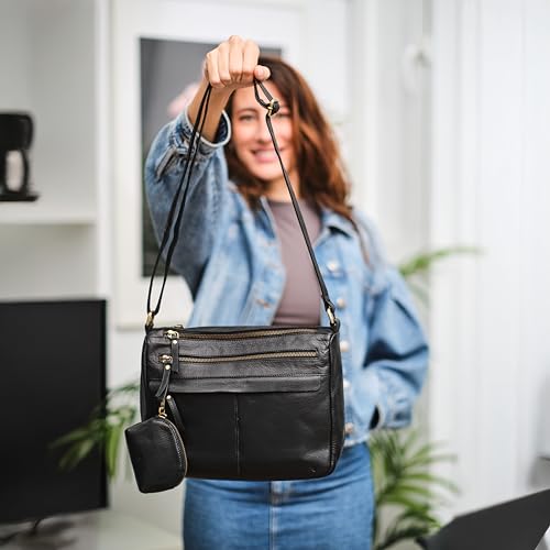 Lavalen Bolso Bandolera Mujer Piel Auténtica - Bolso Mujer Bandolera Regulable con Estilo - Cuero con múltiples Cremalleras - Muchos Compartimentos para uso diario – Monedero de Regalo. - imagen 3