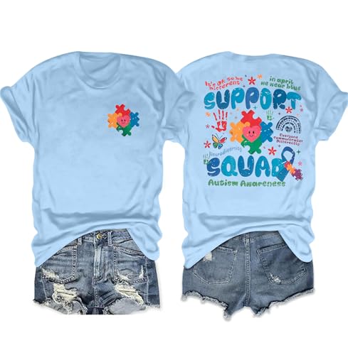MOUSYA Autism Awareness Shirt Women Support Squad Autism Awareness Shirts Puzzle Heart Inclusion Graphic Tee Blue