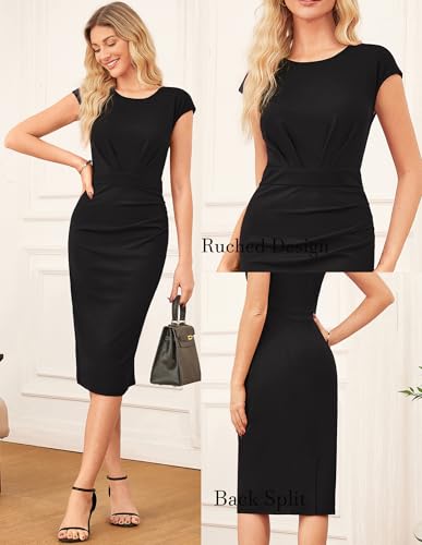 GRACE KARIN Women's Wear to Work Dresses 2025 Cap Sleeve Sheath Bodycon Midi Dress Ruched Business Office Pencil Dress3