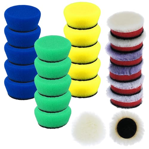 QWORK® 23-teiliges Polierpads Set, 30mm 40mm Polierschwamm und Wollpads - Detail Polieren Pad zum Polieren, Schleifen und Wachsen