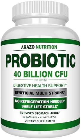Arazo Nutrition Probiotic 40 Billion CFU – Shelf Stable with Prebiotics and Acidophilus – Stable Potency Until Expiration – Time Delay Release Probiotics