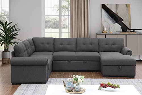 Alexent Sleeper U-Shape Sectional Sofa With Storage Chaise Lounge, Pull-Out Bed (Dark Gray, 5 Seats), Sleeper Sectional Sofa Bed #TOP5